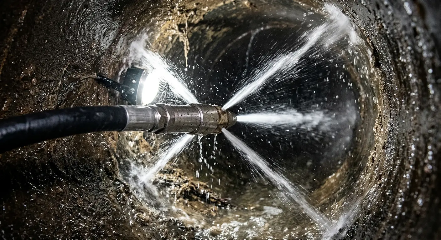 High-pressure hydro jetting nozzle cleaning sewer pipe for Sewer Cleanout in Dunmore