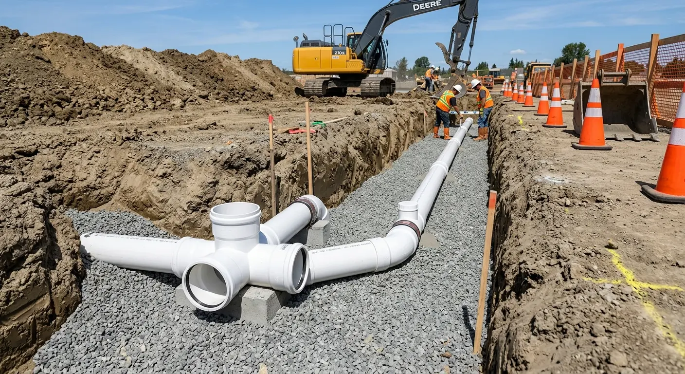 New PVC sewer pipe installation in open trench for Sewer Backup in Dunmore